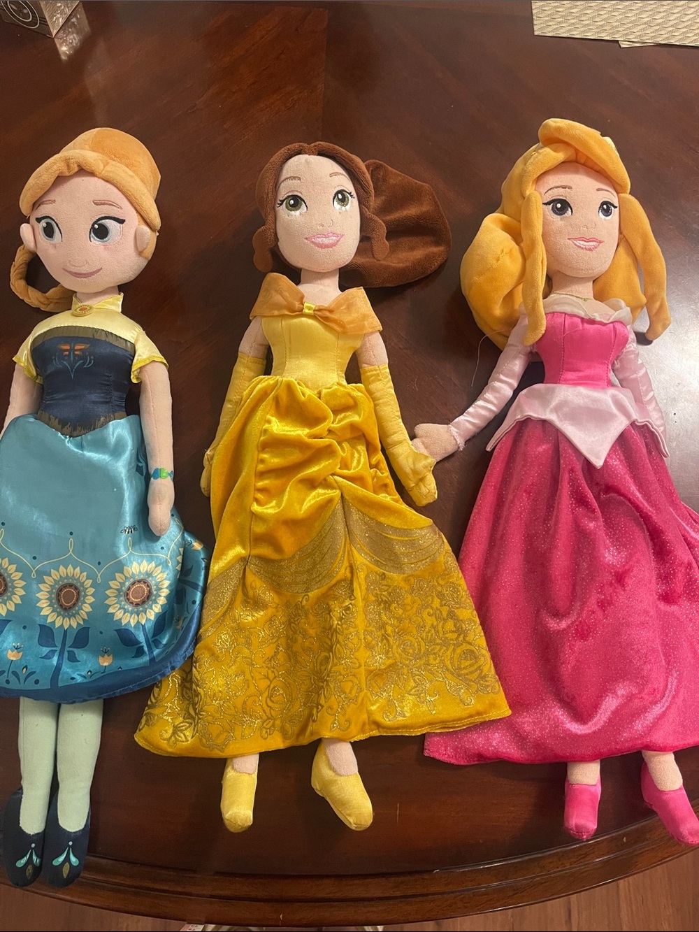 3 Disney Princess Plush Dolls in Yellow, Pink & Blue Dresses